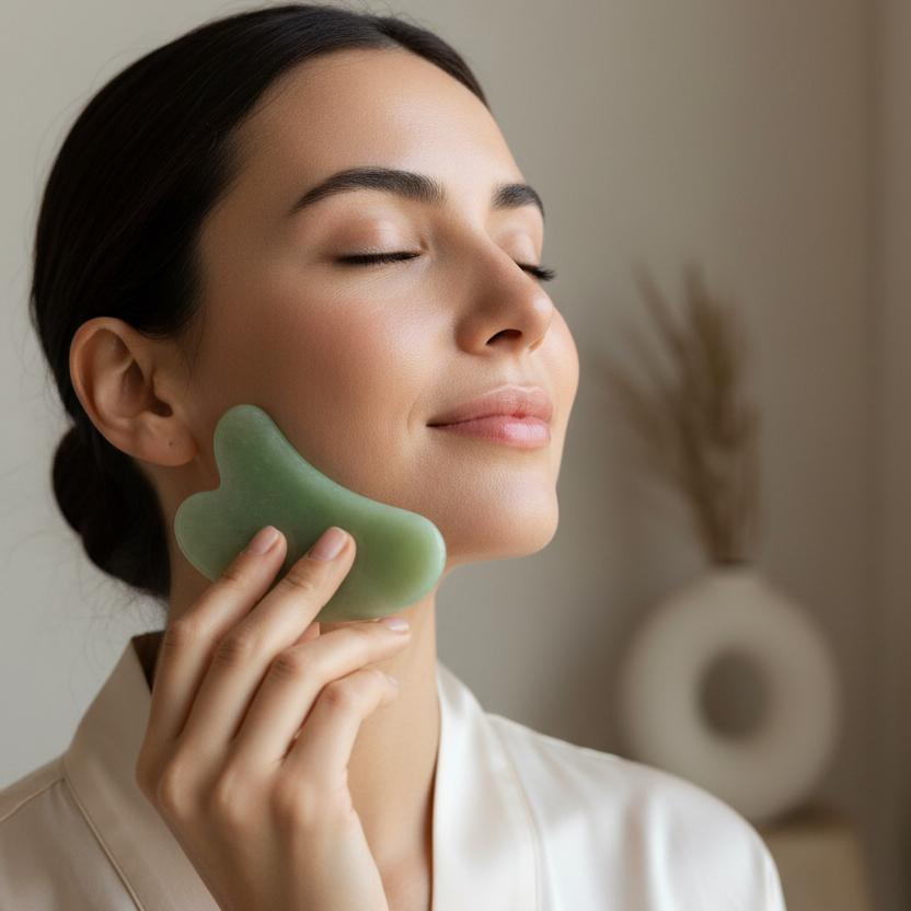 Woman using gua sha stone on jawline, premium wellness lifestyle