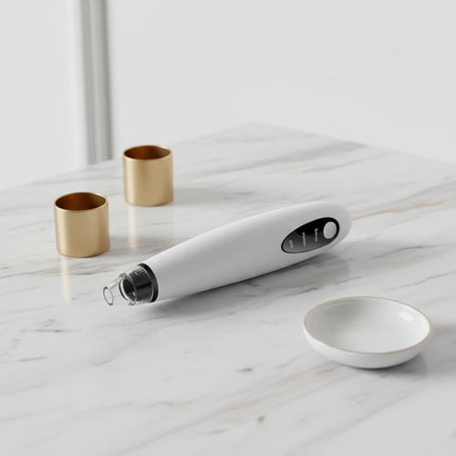 Diamond pore vacuum blackhead remover on marble surface with gold accents