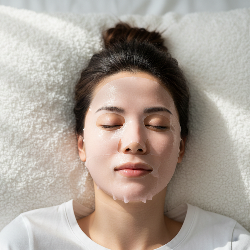 Woman lying down wearing pink collagen sheet mask, overhead spa lifestyle shot
