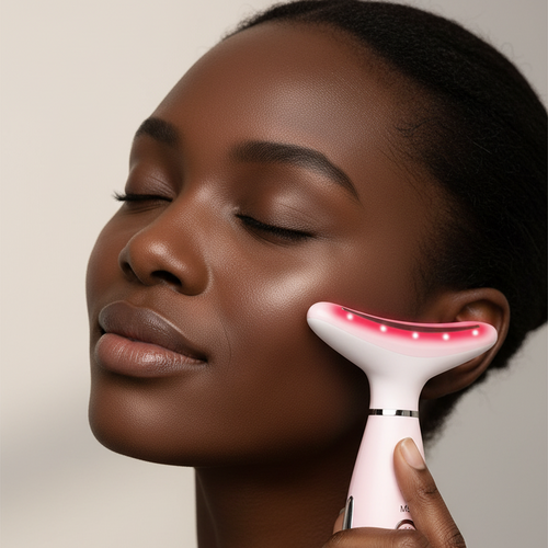 Black woman using pink facial massager on cheekbone, premium wellness lifestyle