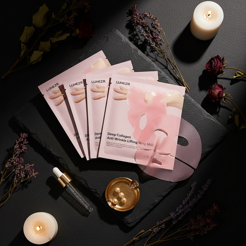 Deep collagen lifting mask on dark slate surface with candlelight and dried flowers