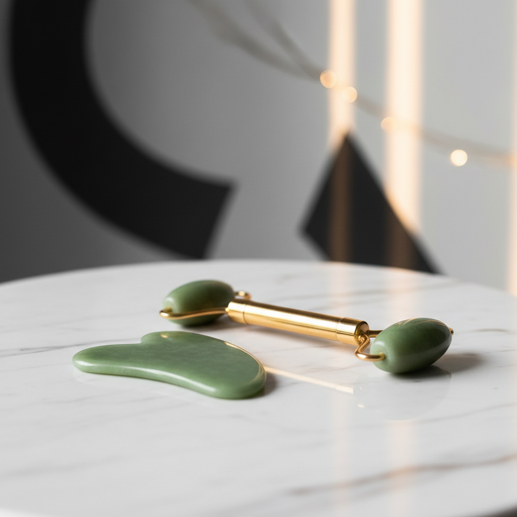 Gua sha and jade roller set on marble surface with gold accents