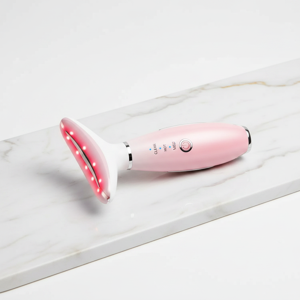 Pink 3-in-1 thermal facial massager on marble surface with gold accents
