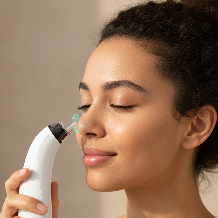 Tan woman with curly hair using electric pore vacuum on nose, premium skincare lifestyle