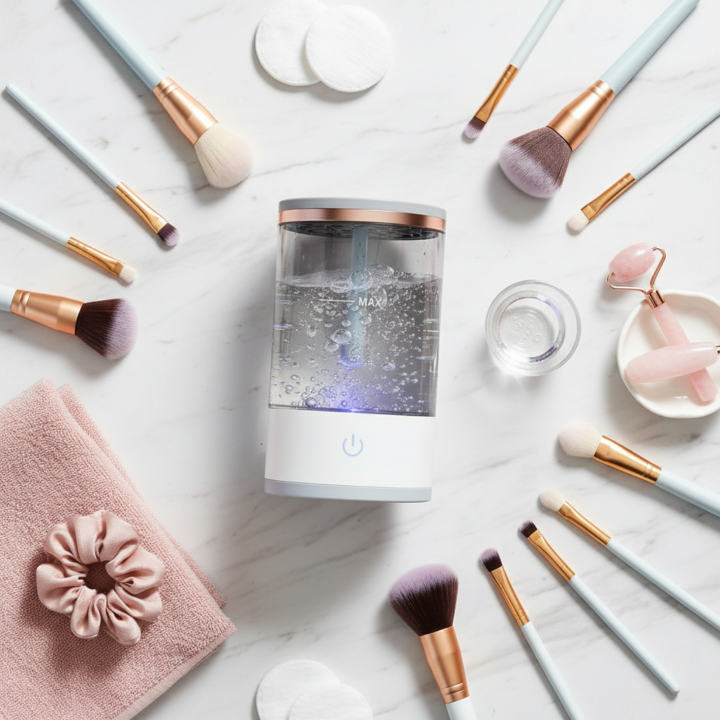 Makeup brush cleaner flat lay on marble