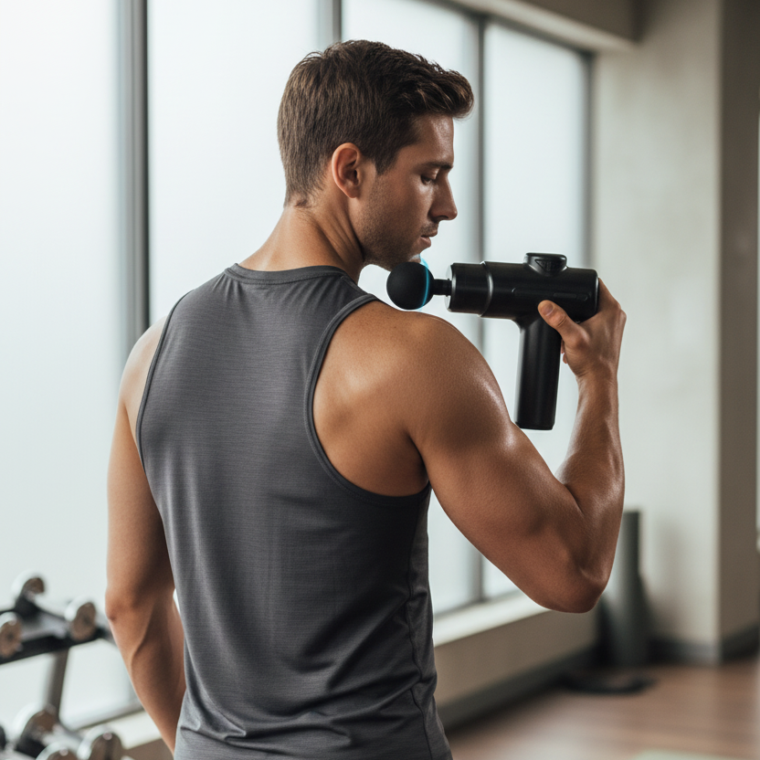 Man using massage gun on shoulder
